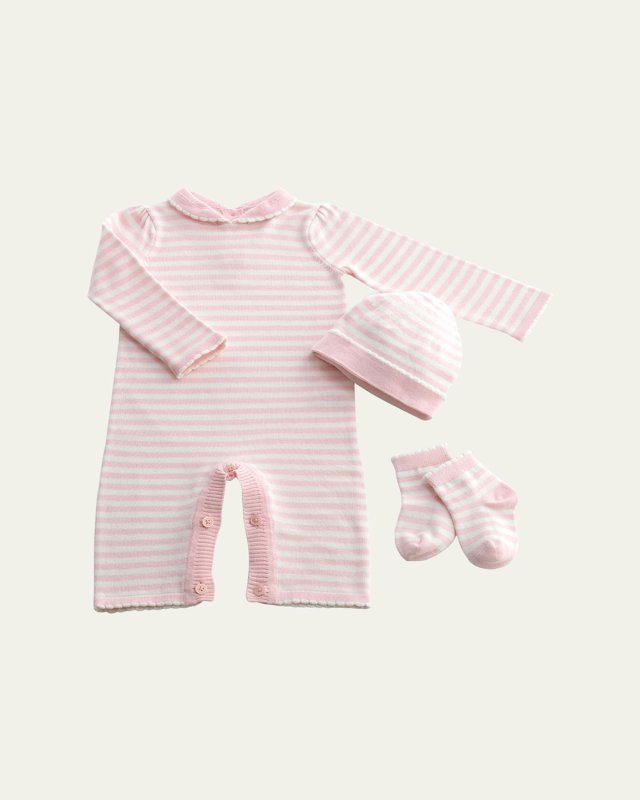 Girl's Knit Striped 3-Piece Playsuit Gift Set, Size 3M-